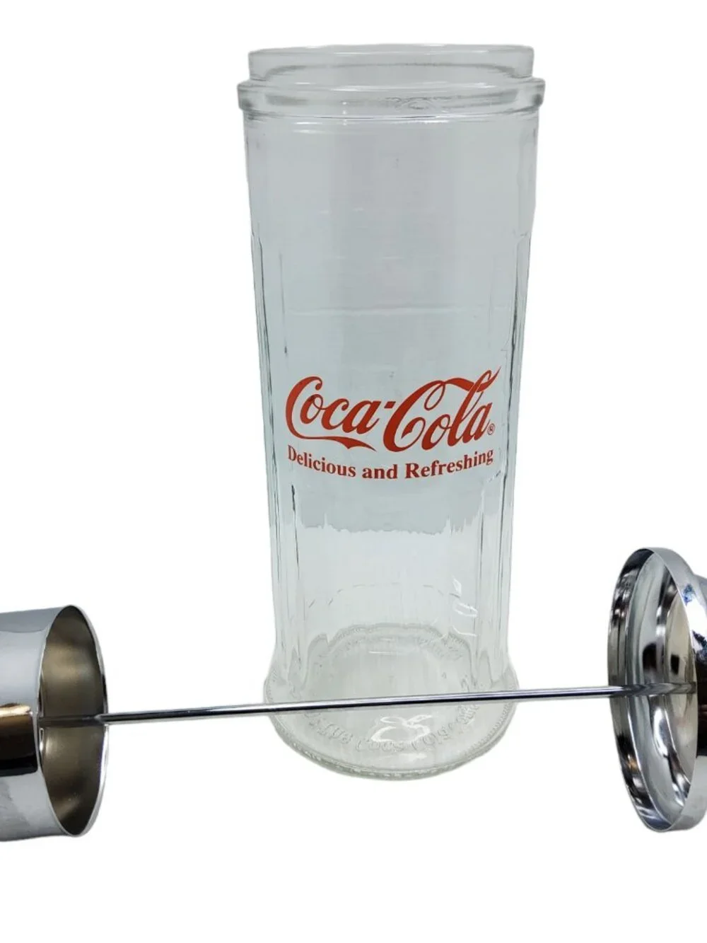 Vintage 1992 Coca-Cola Glass,Metal Lid Straw Dispenser Jar
